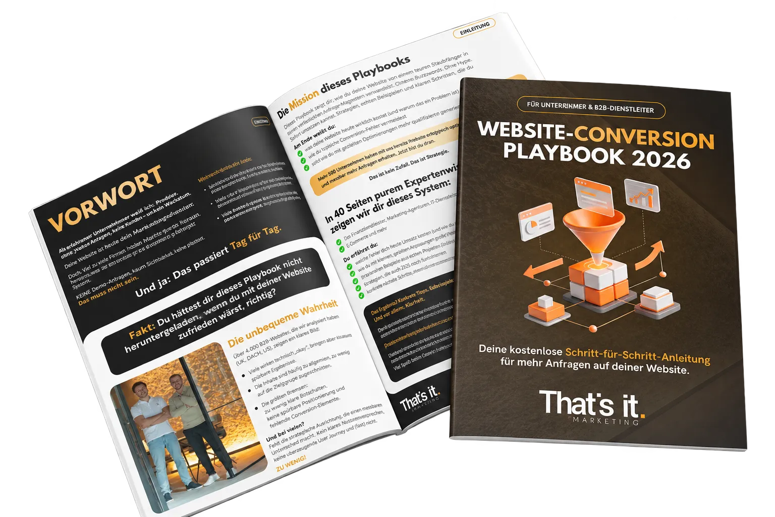 Aufgeschlagenes Website Conversion Playbook 2026 mit Vorwort und Cover